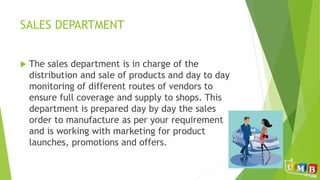 SALES DEPARTMENT
 The sales department is in charge of the
distribution and sale of products and day to day
monitoring of different routes of vendors to
ensure full coverage and supply to shops. This
department is prepared day by day the sales
order to manufacture as per your requirement
and is working with marketing for product
launches, promotions and offers.
 
