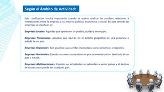 Según el Ámbito de Actividad:
Esta clasificación resulta importante cuando se quiere analizar las posibles relaciones e
interacciones entre la empresa y su entorno político, económico o social. En este sentido las
empresas se clasifican en:
Empresas Locales: Aquellas que operan en un pueblo, ciudad o municipio.
Empresas Provinciales: Aquellas que operan en el ámbito geográfico de una provincia o
estado de un país.
Empresas Regionales: Son aquellas cuyas ventas involucran a varias provincias o regiones.
Empresas Nacionales: Cuando sus ventas se realizan en prácticamente todo el territorio de un
país o nación.
Empresas Multinacionales: Cuando sus actividades se extienden a varios países y el destino
de sus recursos puede ser cualquier país.
 