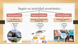 Según su actividad económica : 
Sector primario Sector secundario Sector terciario 
Si se dedica a los 
recursos naturales como: 
• Agricultura 
• Minería 
• Pesca 
• Etc. 
Dedicadas a la transformación 
de bienes como: 
• Industria 
• Construcción 
• Energía 
• Etc. 
Dedicadas al comercio y 
servicios 
• Turismo 
• Educación 
• Salud 
• Etc. 
 