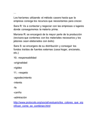 … 
Los haríamos utilizando el método casero hasta que la 
empresa consiga los recursos que necesitamos para crecer. 
Sara R: Va a contactar y negociar con las empresas o lugares 
donde conseguiremos la materia prima. 
Mariana R: se encargará de la mayor parte de la producción 
(revisara que contemos con los materiales necesarios y los 
jabones sean elaborados con éxito) 
Sara S: se encargara de su distribución y conseguir los 
fondos traídos de fuentes externas (casa hogar, ancianato, 
etc.) 
10. -responsabilidad 
-originalidad 
-rigidez 
11. –respeto 
-agradecimiento 
-interés 
-fe 
-cariño 
-admiración 
http://www.protocolo.org/social/vestuario/los_colores_que_sig 
nifican_como_se_combinan.html 
 