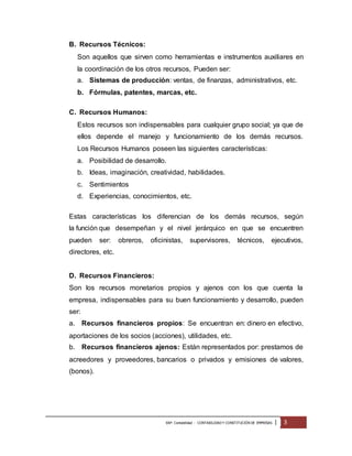 EAP: Contabilidad - CONTABILIDAD Y CONSTITUCIÓN DE EMPRESAS | 3 
B. Recursos Técnicos: 
Son aquellos que sirven como herramientas e instrumentos auxiliares en 
la coordinación de los otros recursos, Pueden ser: 
a. Sistemas de producción: ventas, de finanzas, administrativos, etc. 
b. Fórmulas, patentes, marcas, etc. 
C. Recursos Humanos: 
Estos recursos son indispensables para cualquier grupo social; ya que de 
ellos depende el manejo y funcionamiento de los demás recursos. 
Los Recursos Humanos poseen las siguientes características: 
a. Posibilidad de desarrollo. 
b. Ideas, imaginación, creatividad, habilidades. 
c. Sentimientos 
d. Experiencias, conocimientos, etc. 
Estas características los diferencian de los demás recursos, según 
la función que desempeñan y el nivel jerárquico en que se encuentren 
pueden ser: obreros, oficinistas, supervisores, técnicos, ejecutivos, 
directores, etc. 
D. Recursos Financieros: 
Son los recursos monetarios propios y ajenos con los que cuenta la 
empresa, indispensables para su buen funcionamiento y desarrollo, pueden 
ser: 
a. Recursos financieros propios: Se encuentran en: dinero en efectivo, 
aportaciones de los socios (acciones), utilidades, etc. 
b. Recursos financieros ajenos: Están representados por: prestamos de 
acreedores y proveedores, bancarios o privados y emisiones de valores, 
(bonos). 
 