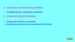 MENU
5. QUE BUSCA LOS FINES DE UNA EMPRESA
La obtención de un beneficio económico
6. ESCRIBA DOS FINES DE EMPRESA
o Producción de bienes y servicios
o Analizar que se busca con esa producción de bienes
 