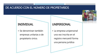 DE ACUERDO CON EL NÚMERO DE PROPIETARIOS
INDIVIDUAL
• Se denominan también
empresas unitarias o de
propietario único.
UNIPERSONAL
• La empresa unipersonal
una vez inscrita en el
registro mercantil forma
una persona jurídica
 