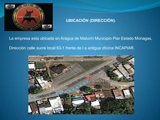 UBICACIÓN (DIRECCIÓN).
La empresa esta ubicada en Aragua de Maturín Municipio Piar Estado Monagas.
Dirección calle sucre local 63-1 frente de l a antigua oficina INCAPIAR.
 