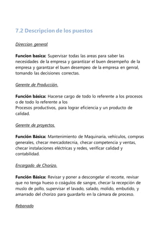 7.2 Descripcion de los puestos
Direccion general
Funcion basica: Supervisar todas las areas para saber las
necesidades de la empresa y garantizar el buen desempeño de la
empresa y garantzar el buen desempeo de la empresa en genral,
tomando las decisiones correctas.
Gerente de Producción.
Función básica: Hacerse cargo de todo lo referente a los procesos
o de todo lo referente a los
Procesos productivos, para lograr eficiencia y un producto de
calidad.
Gerente de proyectos.
Función Básica: Mantenimiento de Maquinaria, vehículos, compras
generales, checar mercadotecnia, checar competencia y ventas,
checar instalaciones eléctricas y redes, verificar calidad y
contabilidad.
Encargado de Chorizo.
Función Básica: Revisar y poner a descongelar el recorte, revisar
que no tenga hueso o coágulos de sangre, checar la recepción de
muslo de pollo, supervisar el lavado, salado, molido, embutido, y
amarrado del chorizo para guardarlo en la cámara de proceso.
Rebanado
 