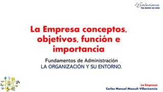 La Empresa
Carlos Manuel Massuh Villavicencio
La Empresa conceptos,
objetivos, función e
importancia
Fundamentos de Administración
LA ORGANIZACIÓN Y SU ENTORNO.
 