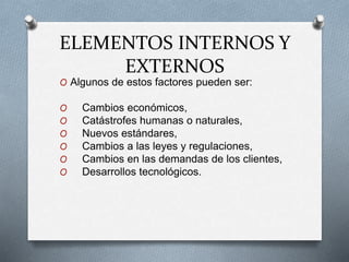 ELEMENTOS INTERNOS Y
EXTERNOS
O Algunos de estos factores pueden ser:
O Cambios económicos,
O Catástrofes humanas o naturales,
O Nuevos estándares,
O Cambios a las leyes y regulaciones,
O Cambios en las demandas de los clientes,
O Desarrollos tecnológicos.
 