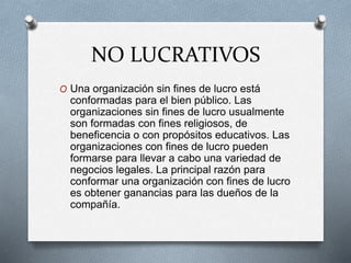 NO LUCRATIVOS
O Una organización sin fines de lucro está
conformadas para el bien público. Las
organizaciones sin fines de lucro usualmente
son formadas con fines religiosos, de
beneficencia o con propósitos educativos. Las
organizaciones con fines de lucro pueden
formarse para llevar a cabo una variedad de
negocios legales. La principal razón para
conformar una organización con fines de lucro
es obtener ganancias para las dueños de la
compañía.
 
