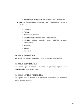 10
o Comisionistas: Venden de lo que no es suyo, dan a consignación.
 Servicio. Son aquellas que brindan servicio a la comunidad que a su vez se
clasifican en:
o Transporte
o Turismo
o Instituciones financieras
o Servicios públicos (energía, agua, comunicaciones)
o Servicios privados (asesoría, ventas, publicidad, contable,
administrativo)
o Educación
o Finanzas
o Salubridad
EMPRESAS DE SERVICIOS
Son aquellas que obtienen sus ingresos a través de la prestación de servicios.
EMPRESAS AGROPECUARIAS
Son aquellas que se dedican al cultivo de productos agrícolas y la
comercialización en su primera etapa.
EMPRESAS MINERAS Y PETROLERAS
Son aquellas que se dedican a la exploración y explotación de yacimientos
mineros y pozos petroleros.
 