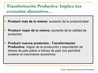 Transformación Productiva: Implica tres escenarios alternativos… Producir más de lo mismo:  aumento de la productividad Producir mejor de lo mismo:  aumento de la calidad de productos Producir nuevos productos - Transformación Productiva:  migrar de la producción y exportación de bienes de país pobre a bienes de país rico permitirá acelerar el crecimiento económico Fuente: Departamento Nacional de Planeación 