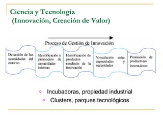 Ciencia y Tecnología  (Innovación, Creación de Valor) Incubadoras, propiedad industrial Clusters, parques tecnológicos 