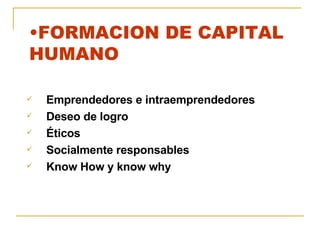 Emprendedores e intraemprendedores Deseo de logro Éticos Socialmente responsables Know How y know why FORMACION DE CAPITAL HUMANO 