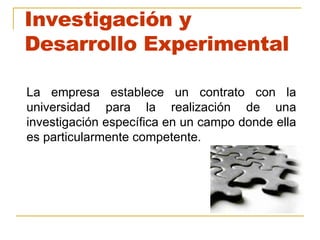 Investigación y Desarrollo Experimental   La empresa establece un contrato con la universidad para la realización de una investigación específica en un campo donde ella es particularmente competente. 