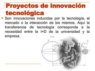 Proyectos de innovación tecnológica Son innovaciones inducidas por la tecnología, el mercado o la interacción de los mismos. Aquí la transferencia de tecnología corresponde a la necesidad entre la I+D de la universidad y la empresa. 