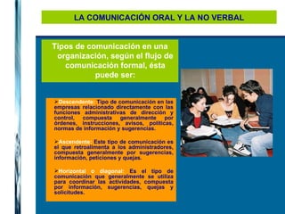 LA COMUNICACIÓN ORAL Y LA NO VERBAL Tipos de comunicación en una organización, según el flujo de comunicación formal, ésta puede ser: Descendente:  Tipo de comunicación en las empresas relacionado directamente con las funciones administrativas de dirección y control, compuesta generalmente por órdenes, instrucciones, avisos, políticas, normas de información y sugerencias. Ascendente:  Este tipo de comunicación es el que retroalimenta a los administradores, compuesta generalmente por sugerencias, información, peticiones y quejas. Horizontal o diagonal:  Es el tipo de comunicación que generalmente se utiliza para coordinar las actividades, compuesta por información, sugerencias, quejas y solicitudes.  