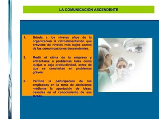 LA COMUNICACIÓN ASCENDENTE Brinda a los niveles altos de la organización la retroalimentación que proviene de niveles más bajos acerca de las comunicaciones descendentes. Medir el clima de la empresa y enfrentarse a problemas tales como quejas o baja productividad, antes de que se conviertan en problemas graves. Permite la participación de los empleados en la toma de decisiones mediante la aportación de ideas, basadas en el conocimiento de sus tareas.  