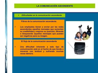 LA COMUNICACIÓN ASCENDENTE Dificultades en la comunicación ascendente Filtros de la comunicación ascendente. Los empleados tienen a enviar por las redes ascendentes aquellos mensajes que aumentan su credibilidad y mejoran su posición, filtrando o bloqueando aquellos mensajes que pueden ser negativos para su imagen. El flujo de la comunicación ascendente Una dificultad inherente a este tipo de comunicación está en el hecho de que tiende a moverse con lentitud y sufriendo muchas veces demora . 