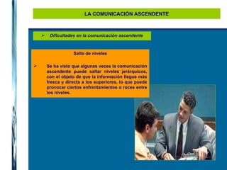 LA COMUNICACIÓN ASCENDENTE Dificultades en la comunicación ascendente Salto de niveles Se ha visto que algunas veces la comunicación ascendente puede saltar niveles jerárquicos, con el objeto de que la información llegue más fresca y directa a los superiores, lo que puede provocar ciertos enfrentamientos o roces entre los niveles. 