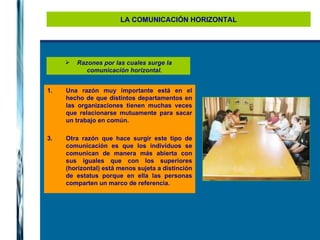 LA COMUNICACIÓN HORIZONTAL Una razón muy importante está en el hecho de que distintos departamentos en las organizaciones tienen muchas veces que relacionarse mutuamente para sacar un trabajo en común.  Otra razón que hace surgir este tipo de comunicación es que los individuos se comunican de manera más abierta con sus iguales que con los superiores (horizontal) está menos sujeta a distinción de estatus porque en ella las personas comparten un marco de referencia.  Razones por las cuales surge la comunicación horizontal. 