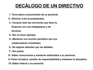 DECÁLOGO DE UN DIRECTIVO 1. Tener pleno conocimiento de su personal.  2.- Eliminar a los incompetentes. 3.- Conocer bien los convenios que tiene la  Empresa con sus trabajadores y de  terceros. 4.- Dar un buen ejemplo. 5.- Mantener una reunión periódica con sus  colaboradores inmediatos. 6.- No dejarse absorber por los detalles. 7.- Ser justos. 8.- Saber comunicarse y mantener estimulado a su personal. 9.-Tener iniciativa, sentido de responsabilidad y mantener la disciplina. 10.-Saber instruir a su personal. 