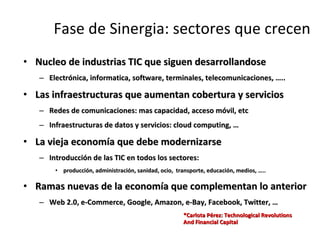 Fase de Sinergia: sectores que crecen Nucleo de industrias TIC que siguen desarrollandose Electrónica, informatica, software, terminales, telecomunicaciones, ….. Las infraestructuras que aumentan cobertura y servicios Redes de comunicaciones: mas capacidad, acceso móvil, etc Infraestructuras de datos y servicios: cloud computing, … La vieja economía que debe modernizarse Introducción de las TIC en todos los sectores:  producción, administración, sanidad, ocio,  transporte, educación, medios, ….. Ramas nuevas de la economía que complementan lo anterior Web 2.0, e-Commerce, Google, Amazon, e-Bay, Facebook, Twitter, …  *Carlota Pérez: Technological Revolutions  And Financial Capital 