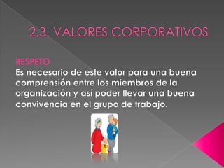 2.3. VALORES CORPORATIVOS RESPETOEs necesario de este valor para una buena comprensión entre los miembros de la organización y así poder llevar una buena convivencia en el grupo de trabajo.