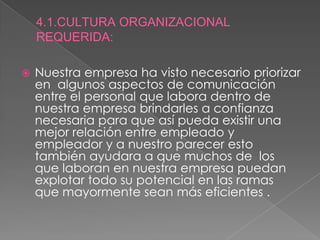 4.1.CULTURA ORGANIZACIONAL REQUERIDA:Nuestra empresa ha visto necesario priorizar en  algunos aspectos de comunicación entre el personal que labora dentro de nuestra empresa brindarles a confianza necesaria para que así pueda existir una mejor relación entre empleado y empleador y a nuestro parecer esto también ayudara a que muchos de  los que laboran en nuestra empresa puedan explotar todo su potencial en las ramas que mayormente sean más eficientes .