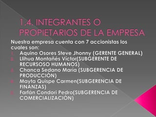 1.4. INTEGRANTES O PROPIETARIOS DE LA EMPRESANuestra empresa cuenta con 7 accionistas los cuales son:Aquino Osores Steve Jhonny (GERENTE GENERAL)Llihua Montañés Víctor(SUBGERENTE DE RECURSOSO HUMANOS)Chanca Sedano María (SUBGERENCIA DE PRODUCCIÒN)Mayta Quispe Carmen(SUBGERENCIA DE FINANZAS)Farfán Condori Pedro(SUBGERENCIA DE COMERCIALIZACIÒN)