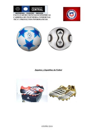FACULTAD DE CIENCIAS ECONOMICAS
CARRERA DE INGENIERIA COMERCIAL
TICS Y PROYECTOS INFORMATICOS




                 Zapatos y Zapatillas de Futbol




                        OTOÑO 2010
 