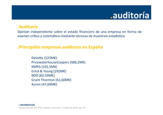 .auditoría	
  
.Auditoría	
  
Opinión	
  independiente	
  sobre	
  el	
  estado	
  ﬁnanciero	
  de	
  una	
  empresa	
  en	
  forma	
  de	
  
examen	
  críPco	
  y	
  sistemáPco	
  mediante	
  técnicas	
  de	
  muestreo	
  estadísPco.	
  
	
  
.Principales	
  empresas	
  auditoras	
  en	
  España	
  
	
  	
  
	
  Deloike	
  (523M€)	
  
	
  PricewaterhouseCoopers	
  (488,2M€)	
  
	
  KMPG	
  (331,5M€)	
  
	
  Ernst	
  &	
  Young	
  (292M€)	
  
	
  BDO	
  (82,59M€)	
  
	
  Grant	
  Thornton	
  (61,60M€)	
  
	
  Auren	
  (47,60M€)	
  
	
  	
  
	
  
+	
  INFORMACIÓN	
  
Facturación	
  del	
  año	
  2013.	
  Fuente:	
  Expansión,	
  7	
  d	
  abril	
  de	
  2014.	
  pp.	
  3-­‐4	
  
 