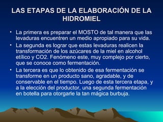 LAS ETAPAS DE LA ELABORACIÓN DE LA HIDROMIEL La primera es preparar el MOSTO de tal manera que las levaduras encuentren un medio apropiado para su vida.  La segunda es lograr que estas levaduras realicen la transformación de los azúcares de la miel en alcohol etílico y CO2. Fenómeno este, muy complejo por cierto, que se conoce como fermentación.  La tercera es que lo obtenido de esa fermentación se transforme en un producto sano, agradable, y de conservable en el tiempo. Luego de esta tercera etapa, y a la elección del productor, una segunda fermentación en botella para otorgarle la tan mágica burbuja. 