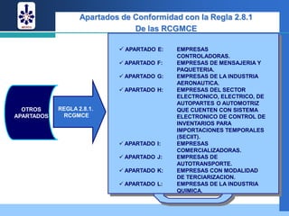 Apartados de Conformidad con la Regla 2.8.1
                                De las RCGMCE

                             APARTADO E:   EMPRESAS
                                            CONTROLADORAS.
                             APARTADO F:   EMPRESAS DE MENSAJERIA Y
                                            PAQUETERIA.
                             APARTADO G:   EMPRESAS DE LA INDUSTRIA
                                            AERONAUTICA.
                             APARTADO H:   EMPRESAS DEL SECTOR
                                            ELECTRONICO, ELECTRICO, DE
                                            AUTOPARTES O AUTOMOTRIZ
  OTROS     REGLA 2.8.1.                    QUE CUENTEN CON SISTEMA
APARTADOS    RCGMCE                         ELECTRONICO DE CONTROL DE
                                            INVENTARIOS PARA
                                            IMPORTACIONES TEMPORALES
                                            (SECIIT).
                             APARTADO I:   EMPRESAS
                                            COMERCIALIZADORAS.
                             APARTADO J:   EMPRESAS DE
                                            AUTOTRANSPORTE.
                             APARTADO K:   EMPRESAS CON MODALIDAD
                                            DE TERCIARIZACION.
                             APARTADO L:   EMPRESAS DE LA INDUSTRIA
                                            QUIMICA.
 