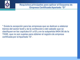 Requisitos principales para aplicar al Esquema de
                          Empresa Certificada Apartado “D”




* Existe la excepción para las empresas que se dedican a elaborar
bienes del sector textil y de la confección o del calzado que se
clasifiquen en los capítulos 61 a 63 y en la subpartida 9404.90 de la
TIGIE, que no son sujetas para obtener el registro de empresa
certificada por el Apartado “D”.
 