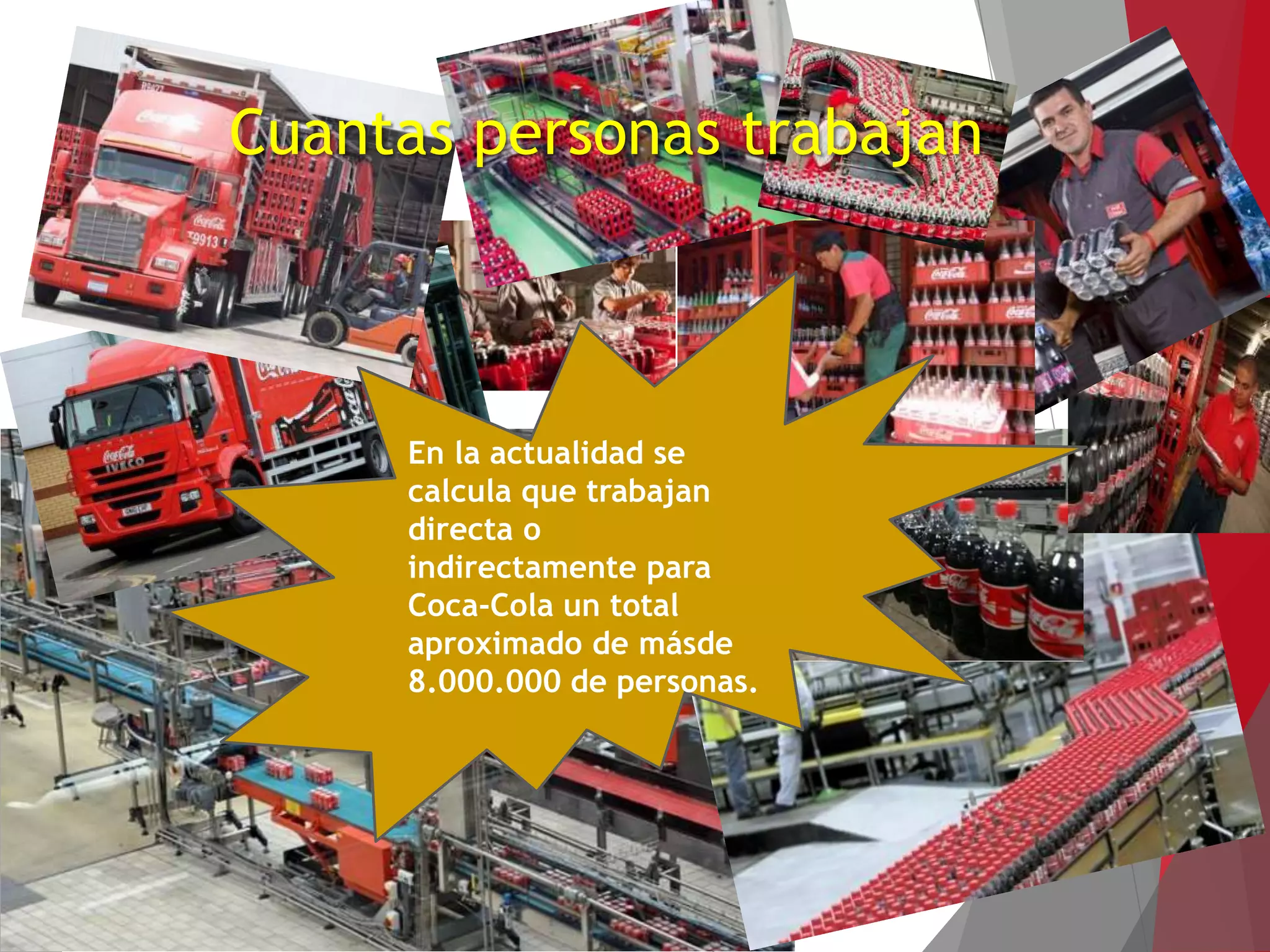 Cuantas personas trabajan
En la actualidad se
calcula que trabajan
directa o
indirectamente para
Coca-Cola un total
aproximado de másde
8.000.000 de personas.
 