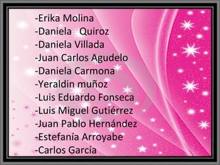 -Erika Molina  -Daniela  Quiroz  -Daniela Villada  -Juan Carlos Agudelo -Daniela Carmona  -Yeraldin muñoz -Luis Eduardo Fonseca -Luis Miguel Gutiérrez -Juan Pablo Hernández  -Estefanía Arroyabe  -Carlos García 