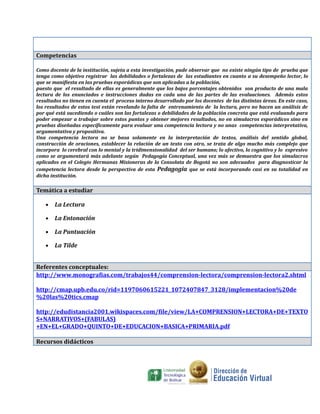 Competencias

Como docente de la institución, sujeta a esta investigación, pude observar que no existe ningún tipo de prueba que
tenga como objetivo registrar las debilidades o fortalezas de las estudiantes en cuanto a su desempeño lector, lo
que se manifiesta en las pruebas esporádicas que son aplicadas a la población,
puesto que el resultado de ellas es generalmente que los bajos porcentajes obtenidos son producto de una mala
lectura de los enunciados e instrucciones dadas en cada una de las partes de las evaluaciones. Además estos
resultados no tienen en cuenta el proceso interno desarrollado por los docentes de las distintas áreas. En este caso,
los resultados de estos test están revelando la falta de entrenamiento de la lectura, pero no hacen un análisis de
por qué está sucediendo o cuáles son las fortalezas o debilidades de la población concreta que está evaluando para
poder empezar a trabajar sobre estos puntos y obtener mejores resultados, no en simulacros esporádicos sino en
pruebas diseñadas específicamente para evaluar una competencia lectora y no unas competencias interpretativa,
argumentativa y propositiva.
Una competencia lectora no se basa solamente en la interpretación de textos, análisis del sentido global,
construcción de oraciones, establecer la relación de un texto con otro, se trata de algo mucho más complejo que
incorpora lo cerebral con lo mental y la tridimensionalidad del ser humano; lo afectivo, lo cognitivo y lo expresivo
como se argumentará más adelante según Pedagogía Conceptual, una vez más se demuestra que los simulacros
aplicados en el Colegio Hermanas Misioneras de la Consolata de Bogotá no son adecuados para diagnosticar la
competencia lectora desde la perspectiva de esta Pedagogía que se está incorporando casi en su totalidad en
dicha institución.

Temática a estudiar

    •   La Lectura

    •   La Entonación

    •   La Puntuación

    •   La Tilde


Referentes conceptuales:
http://www.monografias.com/trabajos44/comprension-lectora/comprension-lectora2.shtml

http://cmap.upb.edu.co/rid=1197060615221_1072407847_3128/implementacion%20de
%20las%20tics.cmap

http://edudistancia2001.wikispaces.com/file/view/LA+COMPRENSION+LECTORA+DE+TEXTO
S+NARRATIVOS+(FABULAS)
+EN+EL+GRADO+QUINTO+DE+EDUCACION+BASICA+PRIMARIA.pdf

Recursos didácticos
 