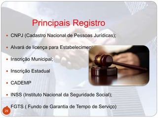 Principais Registro
 CNPJ (Cadastro Nacional de Pessoas Jurídicas);
 Alvará de licença para Estabelecimento;
 Inscrição Municipal;
 Inscrição Estadual
 CADEMP
 INSS (Instituto Nacional da Seguridade Social);
 FGTS ( Fundo de Garantia de Tempo de Serviço)
29
 