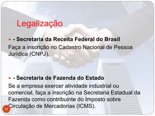 Legalização
 - Secretaria da Receita Federal do Brasil
Faça a inscrição no Cadastro Nacional de Pessoa
Jurídica (CNPJ).
 - Secretaria de Fazenda do Estado
Se a empresa exercer atividade industrial ou
comercial, faça a inscrição na Secretaria Estadual da
Fazenda como contribuinte do Imposto sobre
Circulação de Mercadorias (ICMS).34
 