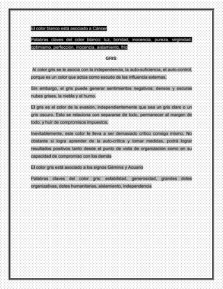 El color blanco está asociado a Cáncer

Palabras claves del color blanco: luz, bondad, inocencia, pureza, virginidad,
optimismo, perfección, inocencia, aislamiento, frio

                                       GRIS:

Al color gris se le asocia con la independencia, la auto-suficiencia, el auto-control,
porque es un color que actúa como escudo de las influencia externas.

Sin embargo, el gris puede generar sentimientos negativos; densos y oscuras
nubes grises, la niebla y el humo.

El gris es el color de la evasión, independientemente que sea un gris claro o un
gris oscuro. Esto se relaciona con separarse de todo, permanecer al margen de
todo, y huir de compromisos impuestos.

Inevitablemente, este color le lleva a ser demasiado crítico consigo mismo. No
obstante si logra aprender de la auto-crítica y tomar medidas, podrá lograr
resultados positivos tanto desde el punto de vista de organización como en su
capacidad de compromiso con los demás

El color gris está asociado a los signos Géminis y Acuario

Palabras claves del color gris: estabilidad, generosidad, grandes dotes
organizativas, dotes humanitarias, aislamiento, independencia
 