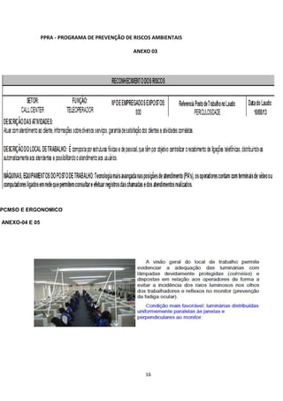 PPRA - PROGRAMA DE PREVENÇÃO DE RISCOS AMBIENTAIS
ANEXO 03

PCMSO E ERGONOMICO
ANEXO-04 E 05

16

 