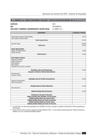 Formato 3.25: "Libro de Inventarios y Balances - Estado de Resultados Integral 49
Aplicación por Sectores del PCGE - Empresa de Hospedaje
9.FORMATO3.25:"LIBRO DE INVENTARIOS Y BALANCES - ESTADO DE RESULTADOS INTEGRAL DEL 01.01 AL31.12"(1)(2)
EJERCICIO : 2011
RUC : 20145060141
APELLIDOS Y NOMBRES, DENOMINACIÓN O RAZÓN SOCIAL : EL CISNE S.A.C.
DESCRIPCIÓN EJERCICIO O PERÍODO
Ventas Netas (ingresos operacionales) 94,510
Otros Ingresos Operacionales
Total de Ingresos Brutos 94,510
Costo de ventas 48,449
Utilidad Bruta 40,061
Gastos Operacionales
Gastos de Administración 3,239
Gastos de Venta
Utilidad Operativa 42,823
Otros Ingresos (gastos)
Ingresos Financieros
Gastos Financieros -
Otros Ingresos
Otros Gastos -
Resultados por Exposición a la Inflación
Resultados antes de Participaciones, 42,823
Impuesto a la Renta y Partidas Extraordinarias
Participaciones
Impuesto a la Renta
Resultados antes de Partidas Extraordinarias 42,823
Ingresos Extraordinarios
Gastos Extraordinarios
Resultado Antes de Interés Minoritario 42,823
Interés Minoritario
Utilidad (Pérdida) Neta del Ejercicio 42,823
Dividendos de Acciones Preferentes
Utilidad (pérdida) Neta atribuible a los Accionistas
Utilidad (pérdida) Básica por Acción Común
Utilidad (pérdida) Básica por Acción de Inversión
Utilidad (pérdida) Diluida por Acción Común
Utilidad (pérdida) Diluida por Acción de Inversión
(1)
Se podrá hacer uso del formato aprobado por la CONASEV, en tanto se cumpla con registrar la información mínima requerida para
este Formato.
(2)
A partir del 01.01.2011 entrará en vigencia la versión 2009 de la NIC 1, la cual cambia la denominación del “Estado de Ganacias y
Pérdidas” por el de “Estado de Resultados Integral”.
 
