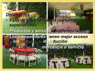 Debilidades Falta de experiencia en marketing especializado Productos y servicio s indiferenciados  Los competidores ti enen mejor acceso a  los  canales de  distri bución Mala calidad de  mercancía o servicio Reputación dañada 