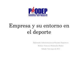 Empresa y su entorno en
el deporte
Diplomado Administración de Recintos Deportivos
Relator: Francisco Retamales Muñoz
Sábado 5 de mayo de 2012
 