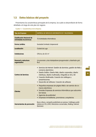 15
MODELO DE PLAN DE NEGOCIO: EMPRESA DE SERVICIOS INFORMÁTICOS
MODELO DE PLAN DE NEGOCIO: EMPRESA DE SERVICIOS INFORMÁTICOS
1.3 Datos básicos del proyecto
Presentamos las características principales de la empresa, las cuales se desarrollarán de forma
detallada a lo largo de este plan de negocio.
Cuadro 1.- Características de la Empresa
Tipo de Empresa EMPRESA DE SERVICIOS INFORMÁTICOS Y MULTIMEDIA
Clasificación Nacional de
Actividades Económicas
72-Actividades informáticas
Forma Jurídica Sociedad Limitada Unipersonal
Localización Ciudad de Lugo
Instalaciones Oficina de 63 m2
Personal y estructura
organizativa
Un promotor y dos trabajadores (programador y diseñador grá-
fico)
Cartera de Servicios
•	 Servicios de Internet: Gestión de dominios, gestión de Web y
comercio electrónico
•	 Diseño Gráfico: Diseño Web, diseño corporativo, diseño
interfaces, diseño multimedia, infografía en 2D y 3D
•	 Creación Multimedia: Creación de catálogos y
presentaciones.
•	 Desarrollo de Software: Creación de software
Clientes
•	 Pequeñas empresas sin página Web o sin servicio de co-
mercio electrónico
•	 Grandes Empresas de servicios informáticos que subcontra-
tan tareas
•	 Agencias de publicidad
•	 Empresas inmobiliarias, promotoras y arquitectos
Herramientas de promoción
Boca a Boca, campaña publicitaria en prensa, Catálogos publi-
citarios en CD y DVD, Directorios comerciales, Mailing, Internet
(banners)
 