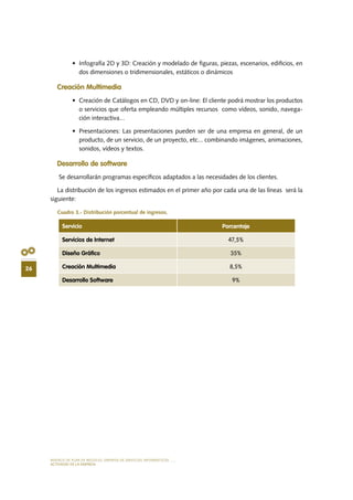 MODELO DE PLAN DE NEGOCIO: EMPRESA DE SERVICIOS INFORMÁTICOS
26
ACTIVIDAD DE LA EMPRESA
•	 Infografía 2D y 3D: Creación y modelado de figuras, piezas, escenarios, edificios, en
dos dimensiones o tridimensionales, estáticos o dinámicos
Creación Multimedia
•	 Creación de Catálogos en CD, DVD y on-line: El cliente podrá mostrar los productos
o servicios que oferta empleando múltiples recursos como vídeos, sonido, navega-
ción interactiva...
•	 Presentaciones: Las presentaciones pueden ser de una empresa en general, de un
producto, de un servicio, de un proyecto, etc... combinando imágenes, animaciones,
sonidos, vídeos y textos.
Desarrollo de software
Se desarrollarán programas específicos adaptados a las necesidades de los clientes.
La distribución de los ingresos estimados en el primer año por cada una de las líneas será la
siguiente:
Cuadro 3.- Distribución porcentual de ingresos.
Servicio Porcentaje
Servicios de Internet 47,5%
Diseño Gráfico 35%
Creación Multimedia 8,5%
Desarrollo Software 9%
 