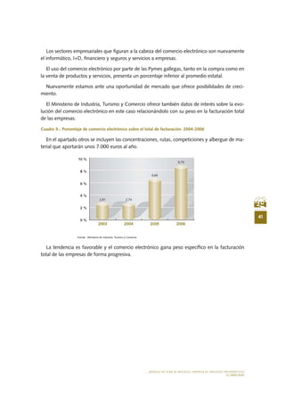41
MODELO DE PLAN DE NEGOCIO: EMPRESA DE SERVICIOS INFORMÁTICOS
EL MERCADO
Los sectores empresariales que figuran a la cabeza del comercio electrónico son nuevamente
el informático, I+D, financiero y seguros y servicios a empresas.
El uso del comercio electrónico por parte de las Pymes gallegas, tanto en la compra como en
la venta de productos y servicios, presenta un porcentaje inferior al promedio estatal.
Nuevamente estamos ante una oportunidad de mercado que ofrece posibilidades de creci-
miento.
El Ministerio de Industria, Turismo y Comercio ofrece también datos de interés sobre la evo-
lución del comercio electrónico en este caso relacionándolo con su peso en la facturación total
de las empresas.
Cuadro 9.- Porcentaje de comercio electrónico sobre el total de facturación. 2004-2006
En el apartado otros se incluyen las concentraciones, rutas, competiciones y albergue de ma-
terial que aportarán unos 7.000 euros al año.
		 Fuente: Ministerio de Industria, Turismo y Comercio
La tendencia es favorable y el comercio electrónico gana peso específico en la facturación
total de las empresas de forma progresiva.
 