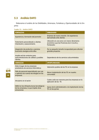MODELO DE PLAN DE NEGOCIO: EMPRESA DE SERVICIOS INFORMÁTICOS
48
EL MERCADO
5.3 Análisis DAFO
Elaboramos el análisis de las Debilidades, Amenazas, Fortalezas y Oportunidades de la Em-
presa
Cuadro 13.-  Análisis DAFO
FORTALEZAS DEBILIDADES
Experiencia y formación del promotor
Empresa de nueva creación. Sin experiencia
demostrada ante clientes
Tratamiento personalizado a clientes.
Orientación y asesoramiento.
Ubicación en una zona con menor dinamismo
económico que las Provincias de A Coruña y
Pontevedra
Integración de productos y servicios
buscando sinergias entre ellos
Por su pequeño tamaño incapacidad para afrontar
grandes proyectos
Amplia red de contactos para
subcontrataciones de calidad y posibles
clientes
Dependencia de los servicios subcontratados
AMENAZAS OPORTUNIDADES
Mala imagen de las empresas
prestadoras de servicios informáticos
Valoración positiva de las TIC en la empresa.
Falta de personal especializado que use
u optimice las nuevas tecnologías en las
empresas
Menor implantación de las TIC en nuestra
comunidad
Intrusismo en el sector
Costes cada vez menores para las empresas en la
aplicación de las TIC
Déficit en las infraestructuras tecnológicas
de las empresas, lo que impide otras
actuaciones
Apoyo de la administración a la implantación de las
TIC en las pymes
 