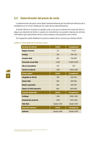 MODELO DE PLAN DE NEGOCIO: EMPRESA DE SERVICIOS INFORMÁTICOS
54
LA COMERCIALIZACIÓN DEL SERVICIO
6.3 Determinación del precio de venta
La determinación del precio viene fijado fundamentalmente por las tarifas de referencia de la
competencia y en menor medida por los costes de las subcontrataciones.
El cliente influirá en el precio en aquellos casos en los que el volumen de compra de éste im-
plique una reducción de tarifas o cuando nos encontremos con grandes empresas de servicios
informáticos que subcontratan tareas la otras empresas más pequeñas como Intertic.
En el siguiente cuadro detallamos los precios medios de los servicios que ofertará Intertic.
Cuadro 14.- Precio Medio de los servicios en euros
Servicios de Internet Intertic Competencia
Registro Dominio 20 15-30
Hosting 120 100-130
Creación Web 200 150-500
Promoción anual Web 3.200 3.000-3.500
Alta en buscadores 150 150
Tienda en Internet 1.500 1.000-2.000
Diseño gráfico Intertic Competencia
Infografía en 2D-3D 700 500-700
Diseño Web 400 300-500
Diseño corporativo 600 500-700
Diseño Cd DVD interactivo 800 600-1000
Creación Multimedia Intertic Competencia
Catálogo 1.200 1.000-1.500
Presentación producto 1.000 1.100-1.600
Web flash Desde 1.200 Desde 1.200
Desarrollo Software Intertic Competencia
Software Desde 6.000 Desde 5.000
 