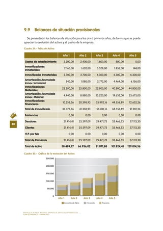 MODELO DE PLAN DE NEGOCIO: EMPRESA DE SERVICIOS INFORMÁTICOS
80
PLAN ECONÓMICO - FINANCIERO
9.9 Balances de situación provisionales
Se presentarán los balances de situación para los cinco primeros años, de forma que se puede
apreciar la evolución del activo y el pasivo de la empresa.
Cuadro 29.- Tabla de Activo
Cuadro 30.-  Gráfico de la evolución del Activo
Año 1 Año 2 Año 3 Año 4 Año 5
Gastos de establecimiento 3.200,00 2.400,00 1.600,00 800,00 0,00
Inmovilizaciones
Inmateriales
2.160,00 1.620,00 3.528,00 1.836,00 144,00
Inmovilizados Inmateriales 2.700,00 2.700,00 6.300,00 6.300,00 6.300,00
Amortización Acumulada
Inmov. Inmaterial
540,00 1.080,00 2.772,00 4.464,00 6.156,00
Inmovilizaciones
Materiales
25.800,00 25.800,00 25.800,00 40.800,00 44.800,00
Amortización Acumulada
Inmov. Material
4.440,00 8.880,00 13.220,00 19.635,00 25.675,00
Inmovilizaciones
Financieras
10.355,36 20.398,93 33.992,16 44.556,89 72.632,26
Total de Inmovilizado 37.075,36 41.338,93 51.600,16 68.357,89 91.901,26
Existencias 0,00 0,00 0,00 0,00 0,00
Deudores 21.414,41 25.597,09 29.471,73 33.466,53 37.113,30
Clientes 21.414,41 25.597,09 29.471,73 33.466,53 37.113,30
H.P. por IVA 0,00 0,00 0,00 0,00 0,00
Total de Circulante 21.414,41 25.597,09 29.471,73 33.466,53 37.113,30
Total de Activo 58.489,77 66.936,02 81.071,88 101.824,41 129.014,56
 