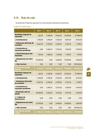 85
MODELO DE PLAN DE NEGOCIO: EMPRESA DE SERVICIOS INFORMÁTICOS
PLAN ECONÓMICO - FINANCIERO
9.13 Flujo de caja
Se presenta el flujo de caja para los cinco primeros ejercicios económicos.
Cuadro 38.- Flujo de Caja
Año 1 Año 2 Año 3 Año 4 Año 5
Resultados después de
impuestos
-263,19 7.602,89 14.160,57 21.005,39 27.888,46
+ Amortizaciones 5.780,00 5.780,00 6.932,00 8.807,00 8.532,00
- Variaciones del fondo de
maniobra
12.661,45 2.429,85 2.258,45 2.331,76 2.138,51
+ Incrementos en
impuestos pendientes
0,00 2.446,57 2.273,63 2.281,60 2.294,36
+ Gastos financieros tras
impuestos
330,33 1.480,25 1.410,80 1.198,57 970,99
- Adquisiciones de activo
fijo
32.500,00 0,00 3.600,00 15.000,00 4.000,00
+ Valor terminal 0,00 0,00 0,00 0,00 350.506,64
Flujo neto de caja del
proyecto
-39.314,31 14.879,85 18.918,55 15.960,80 384.053,94
Resultados después de
impuestos
-263,19 7.602,89 14.160,57 21.005,39 27.888,46
+ Amortizaciones 5.780,00 5.780,00 6.932,00 8.807,00 8.532,00
- Variaciones del hondo
de maniobra
12.661,45 2.429,85 2.258,45 2.331,76 2.138,51
+ Incrementos en
impuestos pendientes
0,00 2.446,57 2.273,63 2.281,60 2.294,36
- Devolución neta de
deuda
-32.000,00 3.356,04 3.914,52 4.197,50 4.500,94
+/- Ingreso de
Subvenciones
0,00 0,00 0,00 0,00 0,00
- Adquisiciones de activo
fijo
32.500,00 0,00 3.600,00 15.000,00 4.000,00
+ Valor terminal 0,00 0,00 0,00 0,00 309.886,20
Flujo neto de caja del
capital
-7.644,64 10.043,56 13.593,23 10.564,73 337.961,57
 